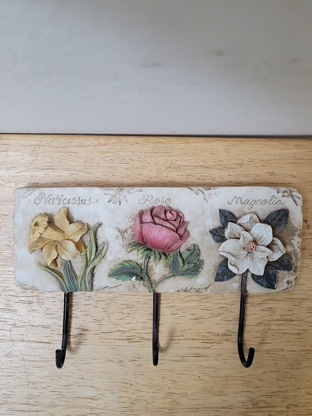 Vintage Style Floral Hook Rack with Pink Rose, Yellow Narcissus & White Magnolia